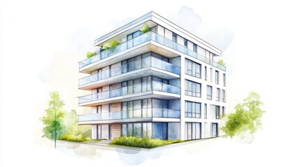 Minimalist modern apartment building illustrated in watercolor with soft gradients on a transparent background showcasing contemporary design