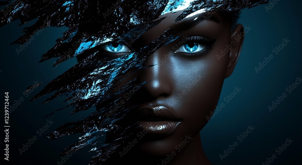 Poster bold and artistic close-up of a model with enigmatic blue eyes and damaged skin texture over a dark 