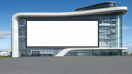 Obraz premium Large Blank Billboard Displays on Modern Building with Glass Facade under Blue Sky