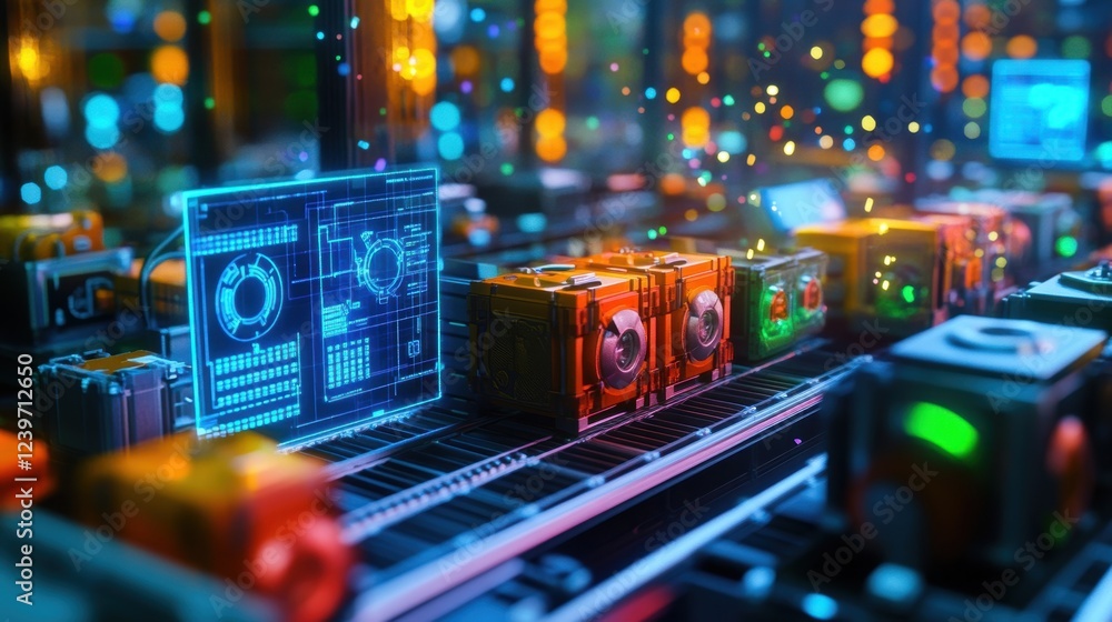 Poster utilizing a holographic interface for monitoring component production on a futuristic conveyor belt,