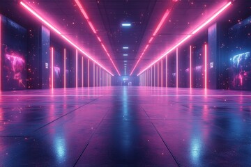 Fototapeta premium Pink neon hallway, futuristic space, glowing walls, digital art