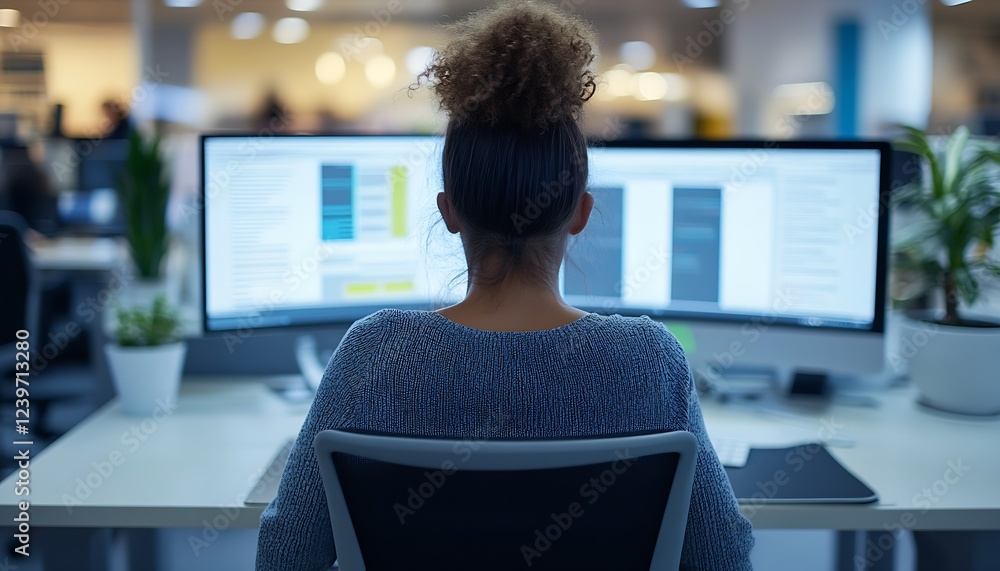 Poster Business Professional Working Intently on Computer in a Bright Office with Multiple Screens : Generative AI