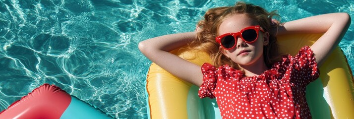 A young girl happily relaxes on a colorful inflatable float in a shimmering blue swimming pool, fully embracing the joys of summer and enjoying carefree, leisurely afternoons beneath the sun