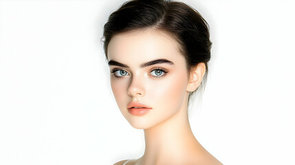 Fototapeta premium Portrait of a Young Woman with Clear Skin and Blue Eyes Showcases Natural Beauty Elegantly on a White Backdrop