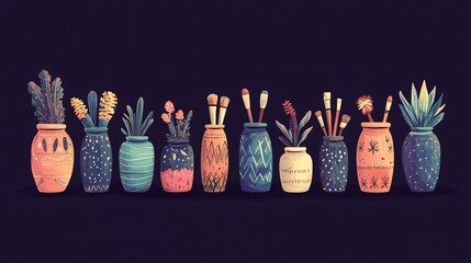 Vivid Flat Vector Art Brushes in a Glass Jar with Soft Gradient Background