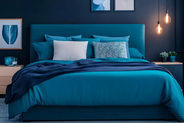 Obraz premium Teal Bedroom with Matching Bedding, Pillows, and Hanging Lamps Creates Cozy Atmosphere