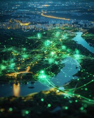 Obraz premium Night Cityscape with Illuminated Network Connections and River Reflections: A Futuristic Urban Landscape.