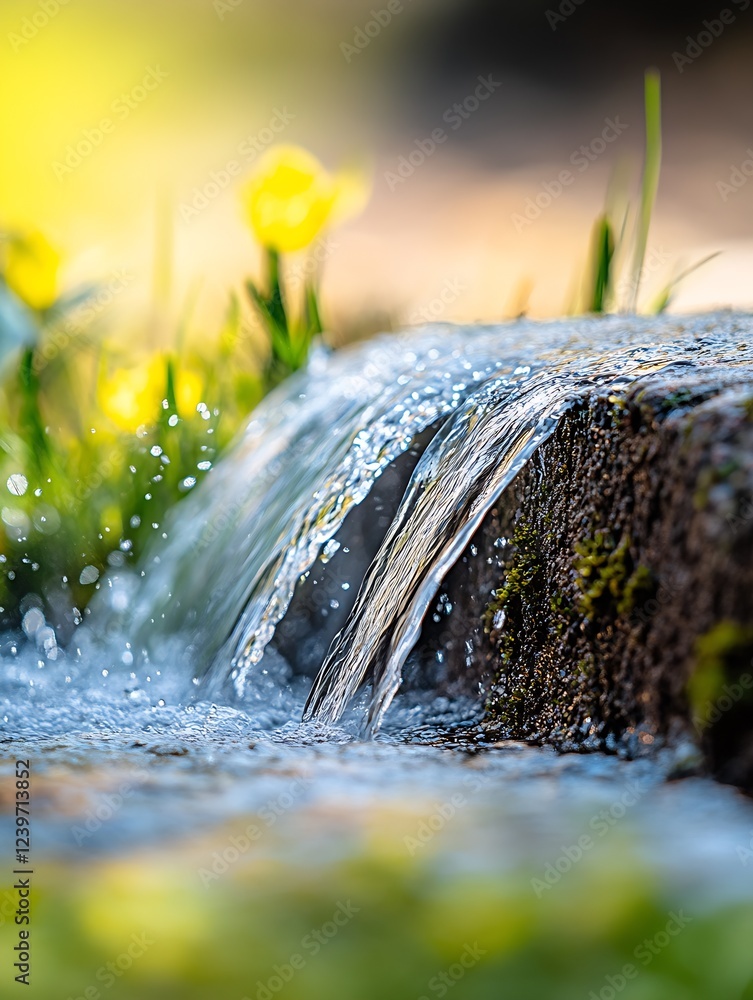 Poster cascading water stream flowing over textured stones with flowers : generative ai