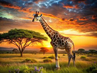 Obraz premium Giraffe Serengeti Wildlife Africa Safari Sunset Sunset