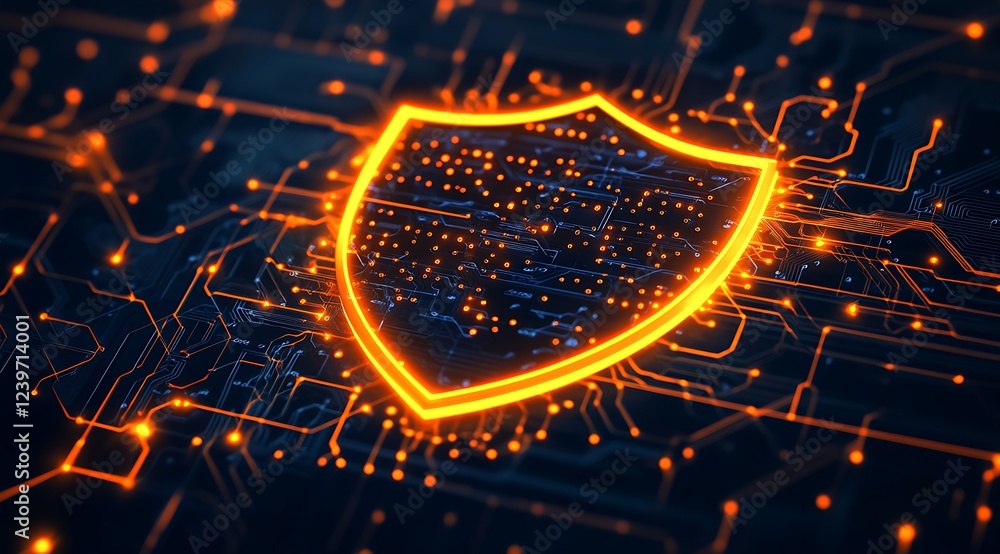 Poster Glowing Orange Shield Over a Network Circuit Board Representing Cyber Security and Data Safety : Generative AI