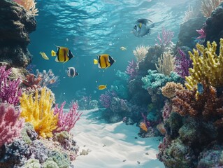 A beautiful underwater scene with a variety of colorful fish and coral.  - ai
