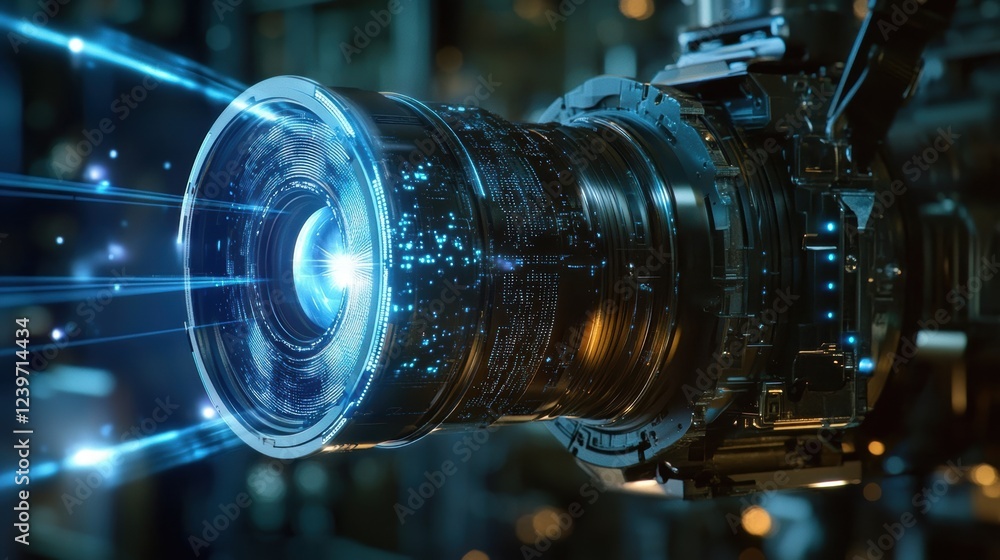 Poster a medium closeup shot of a smart optical module featuring a microprojector and sensors with beams of