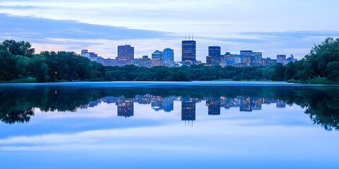 Fototapeta premium City Skyline Reflects in Calm Lake at Dusk with Lush Green Trees in Foreground.