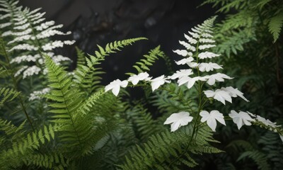 Delicate white petals on a low-growing plant with fern-like foliage,  garden,  meadow,  field