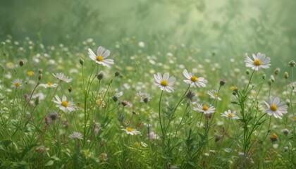 Fototapeta premium Delicate wildflowers swaying in a gentle breeze on a soft green seamless background, countryside, garden scene, outdoors