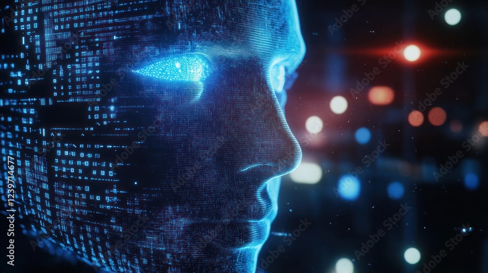 Poster digital face profile with abstract city background concept of artificial intelligence