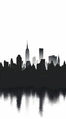 Obraz premium Silhouetted cityscape reflected in still water creates a dramatic urban landscape.