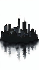 Fototapeta premium Cityscape Silhouette Reflects in Water with Dramatic Lighting and Architectural Details