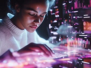 advanced android with gentle expression typing on holographic keyboard, surrounded by floating data visualizations