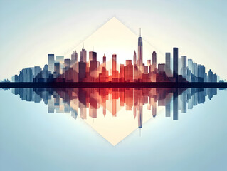 Obraz premium City Skyline Reflects in Water with a Geometric Overlay, Creating a Dreamlike Urban Landscape at Sunset.