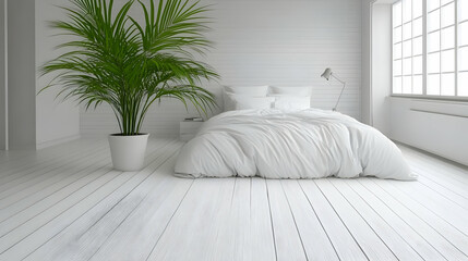 White Minimalist Bedroom Design Showcases a Simple Bed, Potted Plant, and Desk Lamp with Natural Light