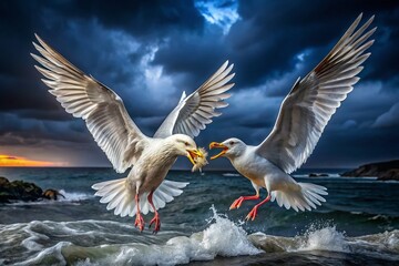 Obraz premium Glaucous Gulls in Mid-Air Battle for Food at Night