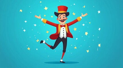 Cartoon Flat Vector Illustration of a Circus Man in Top Hat and Tuxedo Standing on a Podium with Animals in the Background