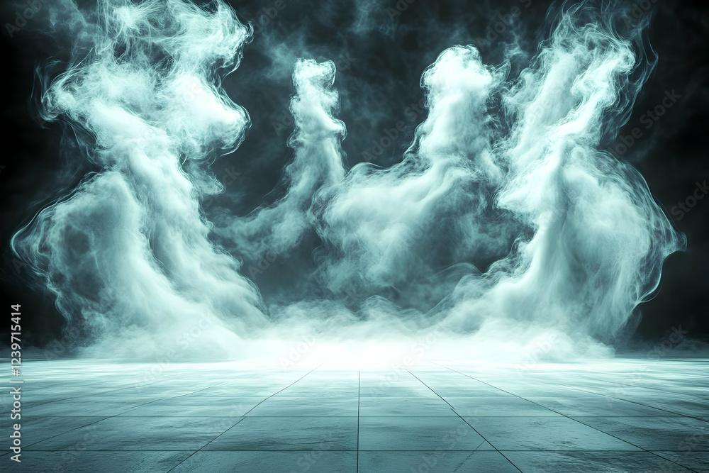 Aufkleber abstract background with swirling cyan smoke above tiled floor bathed in soft light.