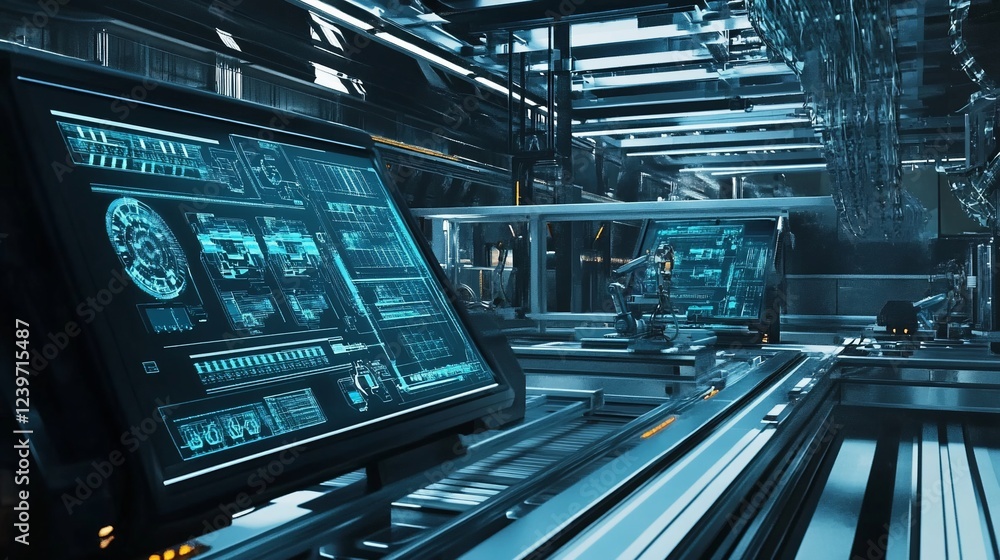 Poster futuristic control room with large screens and robotic arms in a high-tech factory