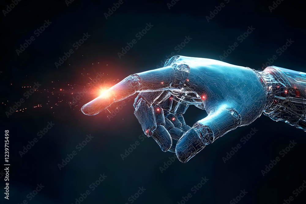 Poster robotic hand reaching out and touching light emitting object in dark space background