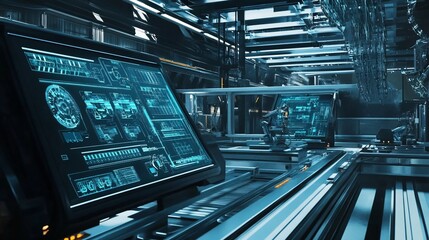 Obraz premium Futuristic control room with large screens and robotic arms in a high-tech factory