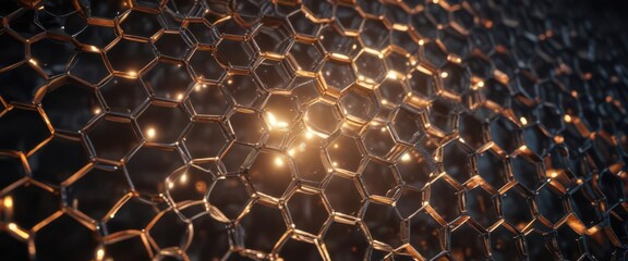 Dense hexagonal metal mesh with light emanating from within,  metal,  background,  illumination