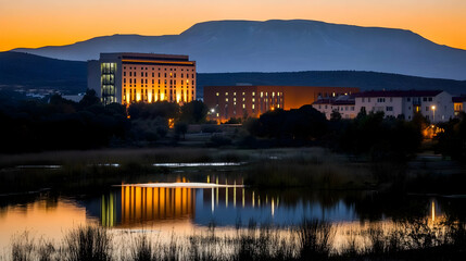 Obraz premium Urban Landscape at Sunset Reflects in Calm Waters near Buildings and Mountains