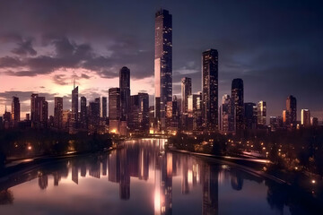 Obraz premium Cityscape Reflects Beautifully in Calm Waters at Dusk with Illuminated Skyscrapers and Colorful Clouds Overhead