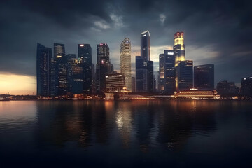 Fototapeta premium Illuminated Cityscape Reflects in Dark Water at Night Under a Moody Sky