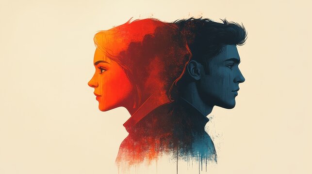 Artistic Digital Illustration of Two Faces Merged into One, Highlighting Duality and Contrasting Emotions with Vibrant Color Palette