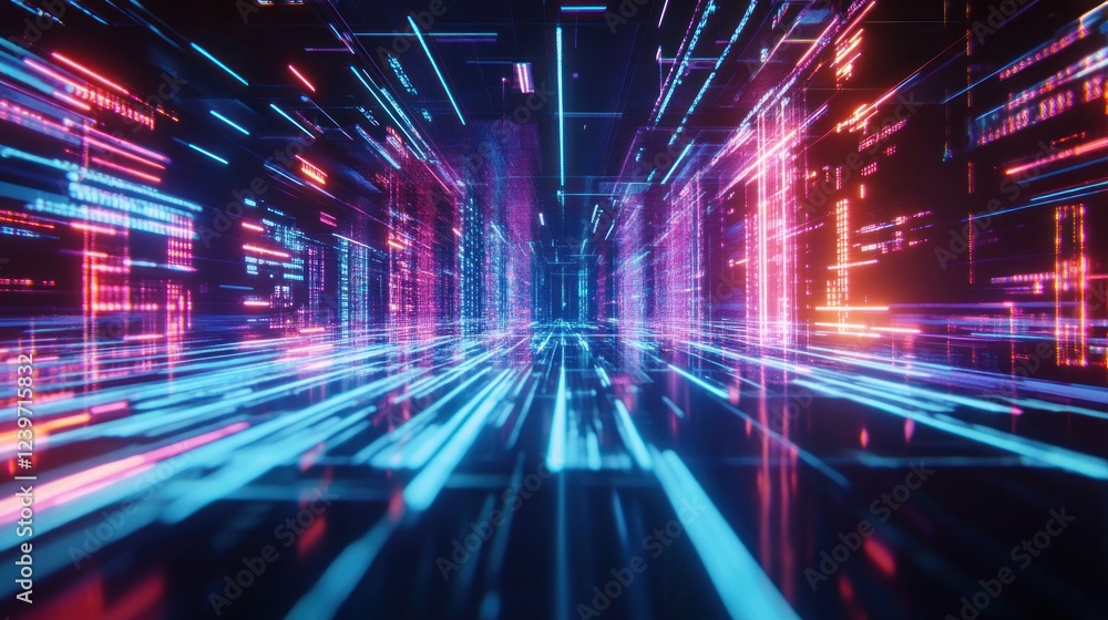 Poster abstract digital cyberspace tunnel with glowing neon lights and data streams