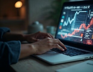 Close up of a female professional's arm with dark skin typing on a modern laptop keyboard, with vibrant AI writing displayed on the screen, accompanied by abstract digital technology illustrations lik