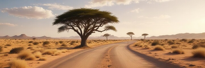Fototapeta premium Deserted safari landscape with lone acacia tree and winding savannah road , road, desert, savannah