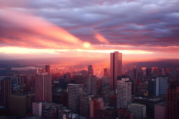 Cityscape Bathed in Vibrant Sunset Hues Under Dramatic Clouds Spreads Across Horizon Majestically