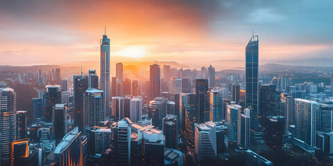 Modern Cityscape Shines Under Golden Sunset with Towering Skyscrapers Dominating Skyline Majestically