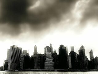 Dark and Ominous Cityscape Stands Majestically Under Dramatic Cloudy Sky