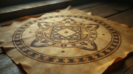 Mysterious ritual scenes with spell-anchor medallions in chalk-drawn circles, warm coffee-stained tone.