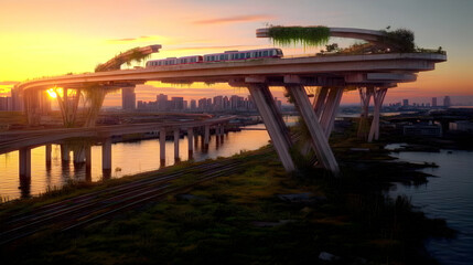 Obraz premium Elevated Train Traverses Overgrown Urban Bridge at Sunset with Dramatic Lighting and Lush Greenery.