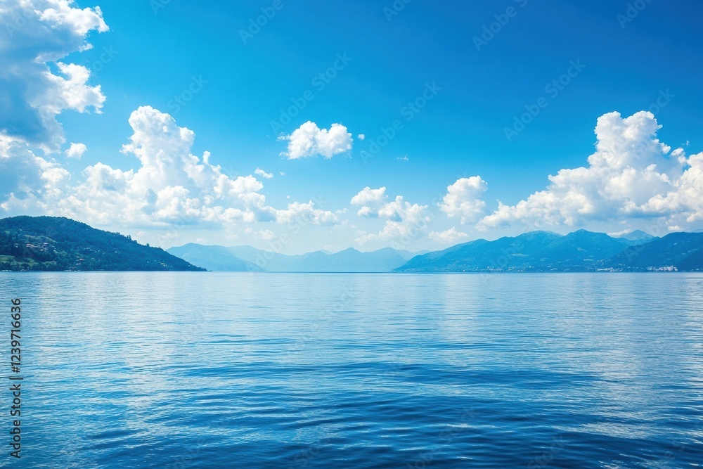 Poster serene lake view under a clear blue sky with fluffy clouds and distant mountains at midday. generati