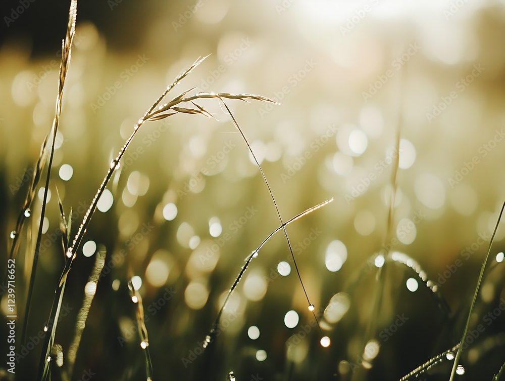 Poster delicate blades of grass glimmering with dew drops captured in the sunlight : generative ai