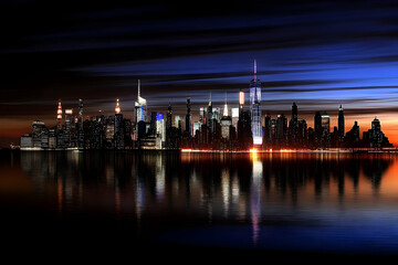 Cityscape Reflects in Water at Night with Dramatic Sky and City Lights