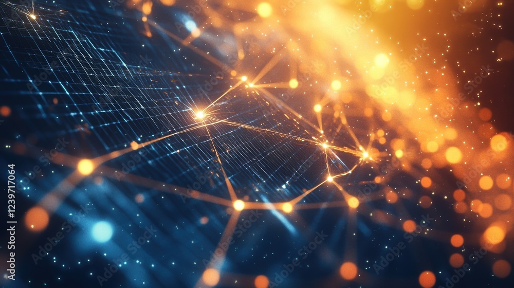 Poster complex network mesh connecting glowing nodes with bright bokeh lights symbolizing innovative manufa
