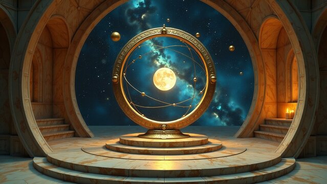 Ornate, antique armillary sphere sits atop a pedestal in an opulent chamber with starry night sky background