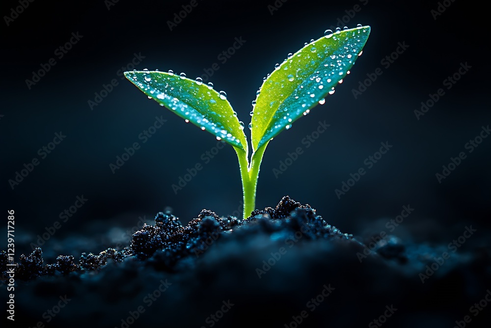 Aufkleber vibrant green seedling with water drops on leaves standing out in dark background : generative ai